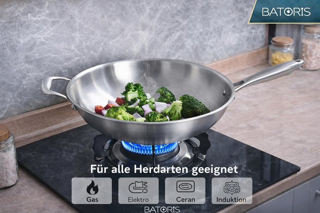 Edelstahl Wokpfanne 32 cm mit Glasdeckel – Ohne Beschichtung – für Induktion & Gas – für alle Herdar