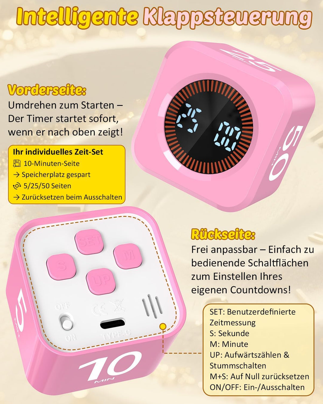 Pomodoro Timer Cube, Visueller Würfel-Timer für Kinder, Digitale LED Drehbarer Timer mit 5/10/25/50