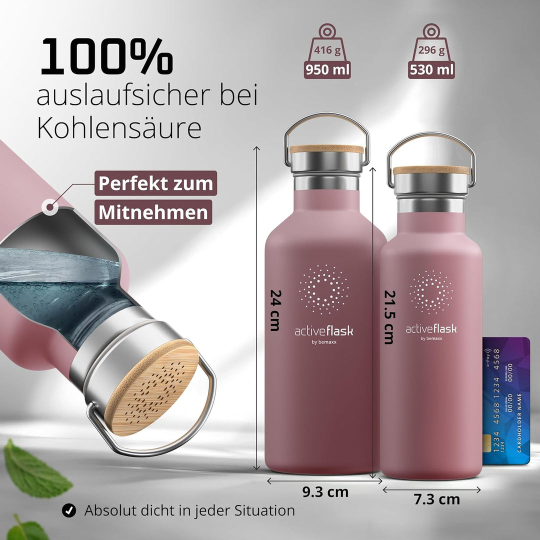 Trinkflasche Edelstahl mit Strohhalm, Infuser + 3 Deckel: BPA-frei, Auslaufsicher, Kohlensäure geeig