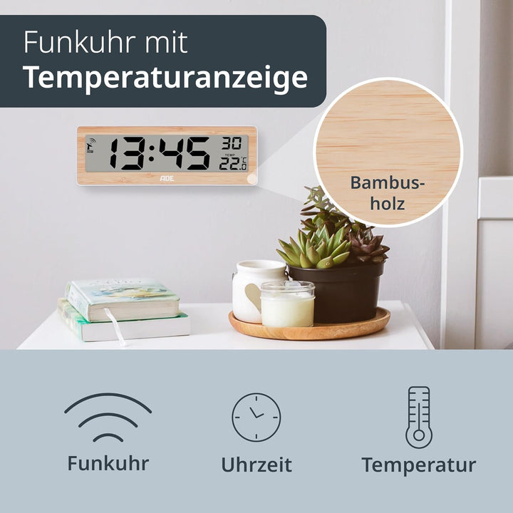 ADE Digitale Funkuhr Wohnzimmer mit Temperaturanzeige | sehr grosse Ziffern | gut ablesbares Display