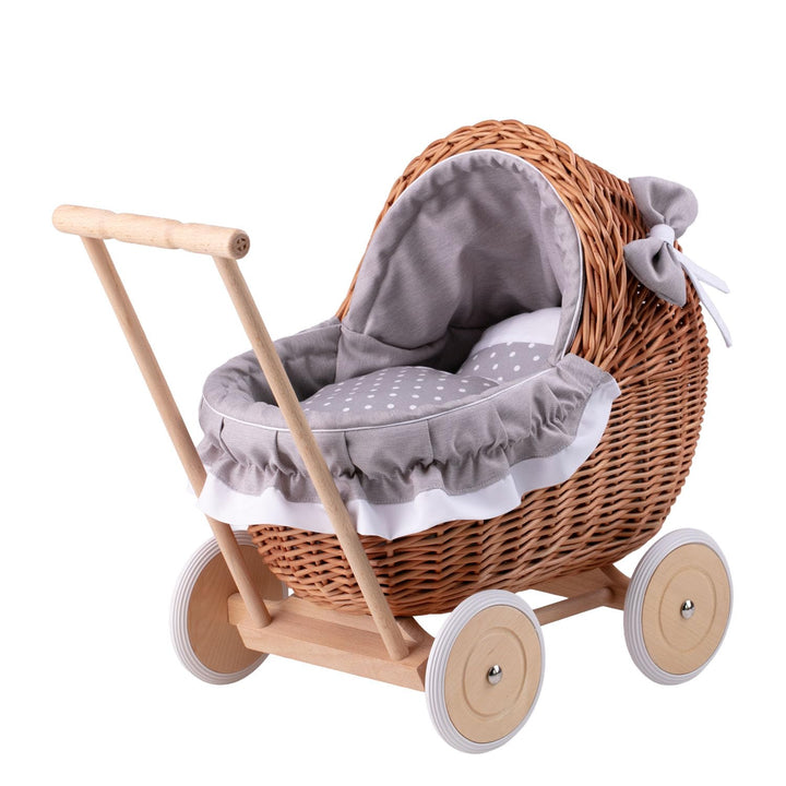 e-wicker24 Alles aus Weide Puppenwagen aus Weide mit Bettwäsche perfekte Geschenkidee Korbpuppenwage