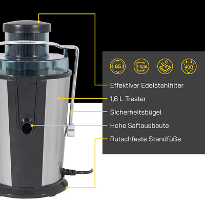 GUTFELS Entsafter JUICE 3010 | 1,6 Liter Tresterbehälter + 500 ml Saftbehälter | 65 mm Öffnung | Ede