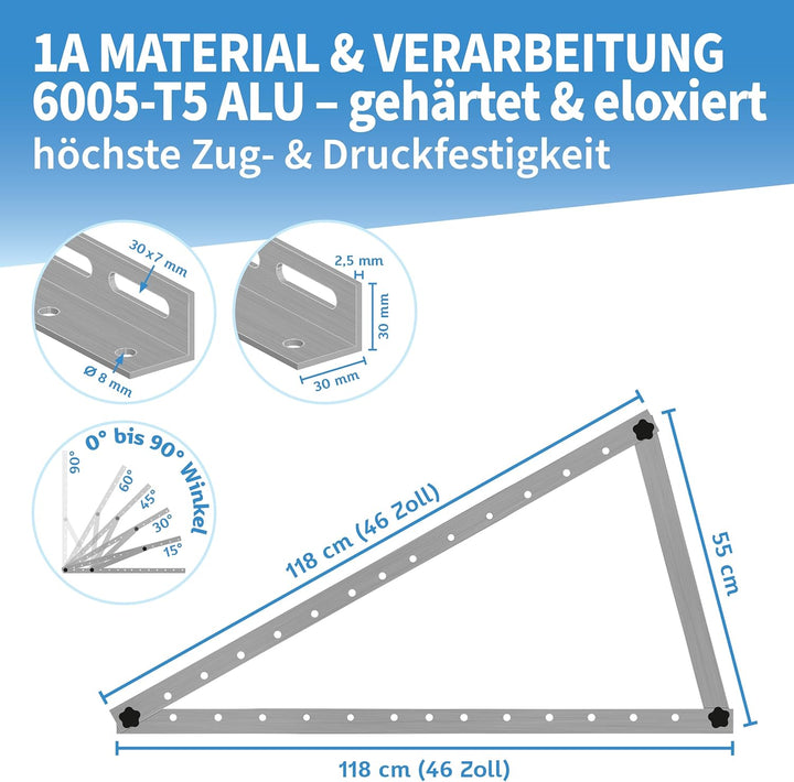 Solarmodul Halterung Alu 118 cm 46“ 2er Set 1 Paar - bis 600W - 0-90° Winkel einstellbar Montage &amp; B