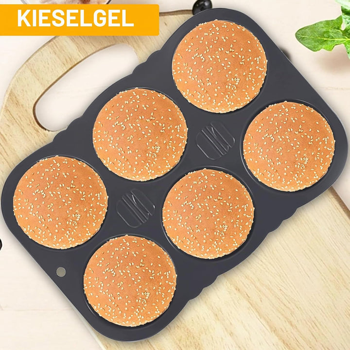 Burger Buns Backform, Brötchenbackformen Rund 10cm Ø Silikon Perforierte mit 6 Hohlräumen Brötchen B