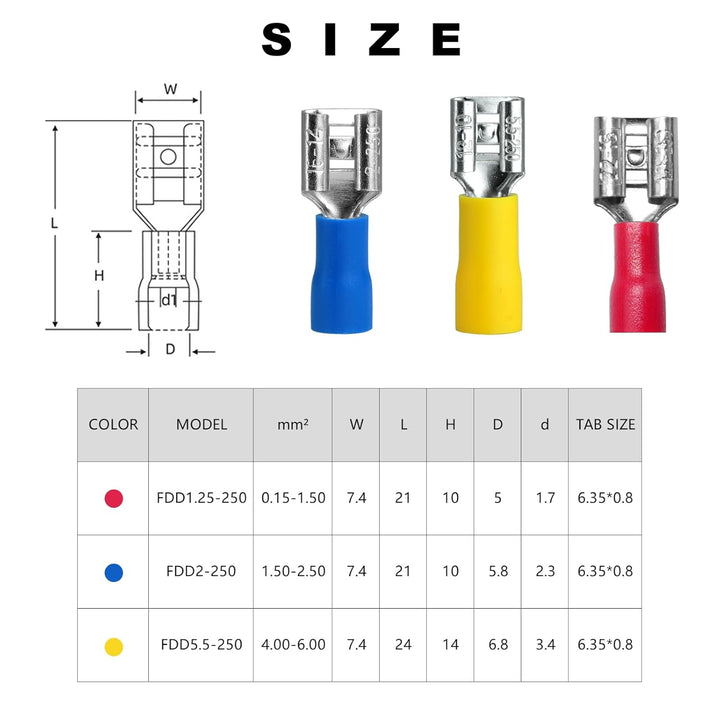 500Stück Flachsteckhülsen 1,5-2,5mm²/Steckbreite 6,35 x 0,8 mm Flachstecker Teilisoliert Kabel-Verbi