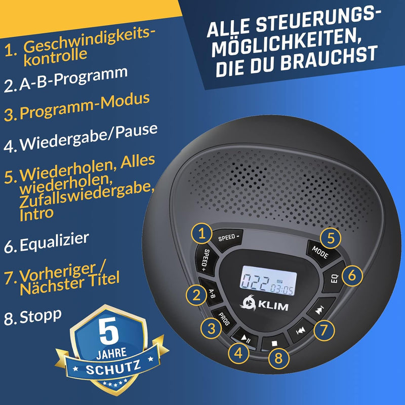 KLIM Speaker + CD Player mit Lautsprecher + NEU 2024 + Wiederaufladbarer Akku + Tragbarer CD-Spieler