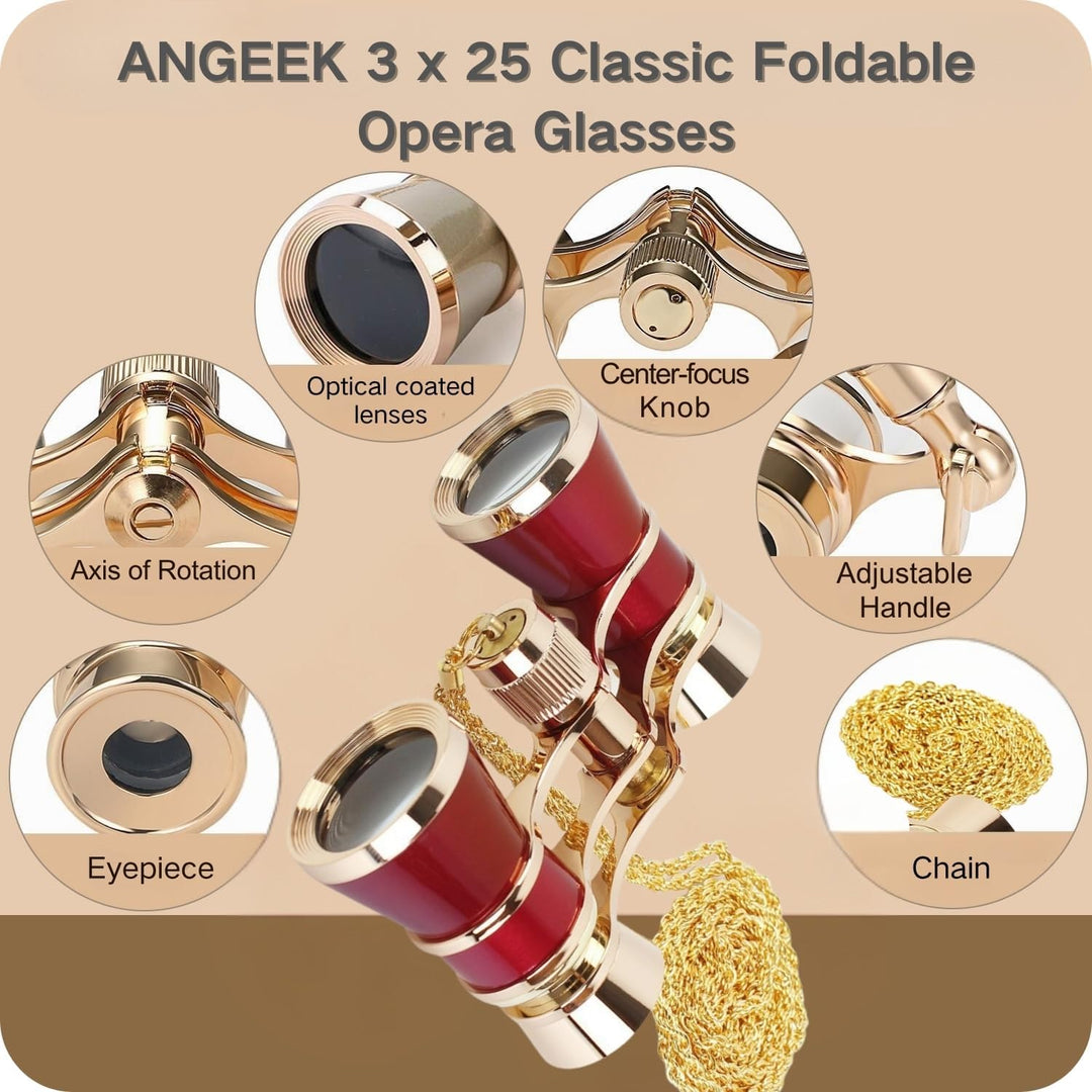 ANGEEK 3 x 25 Classic Foldable Opera Glasses Binoculars Metal Body with Chain Optical Lens Theater T