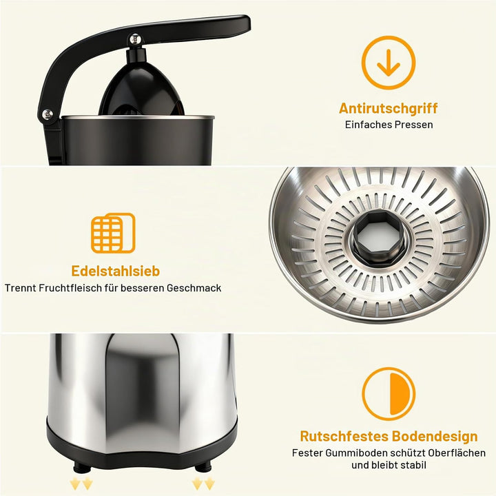 Romon Zitronenpresse, 85W Saftpresse 2 Kegel Zitruspresse Edelstahl BPA-Frei Elektrische Zitruspress