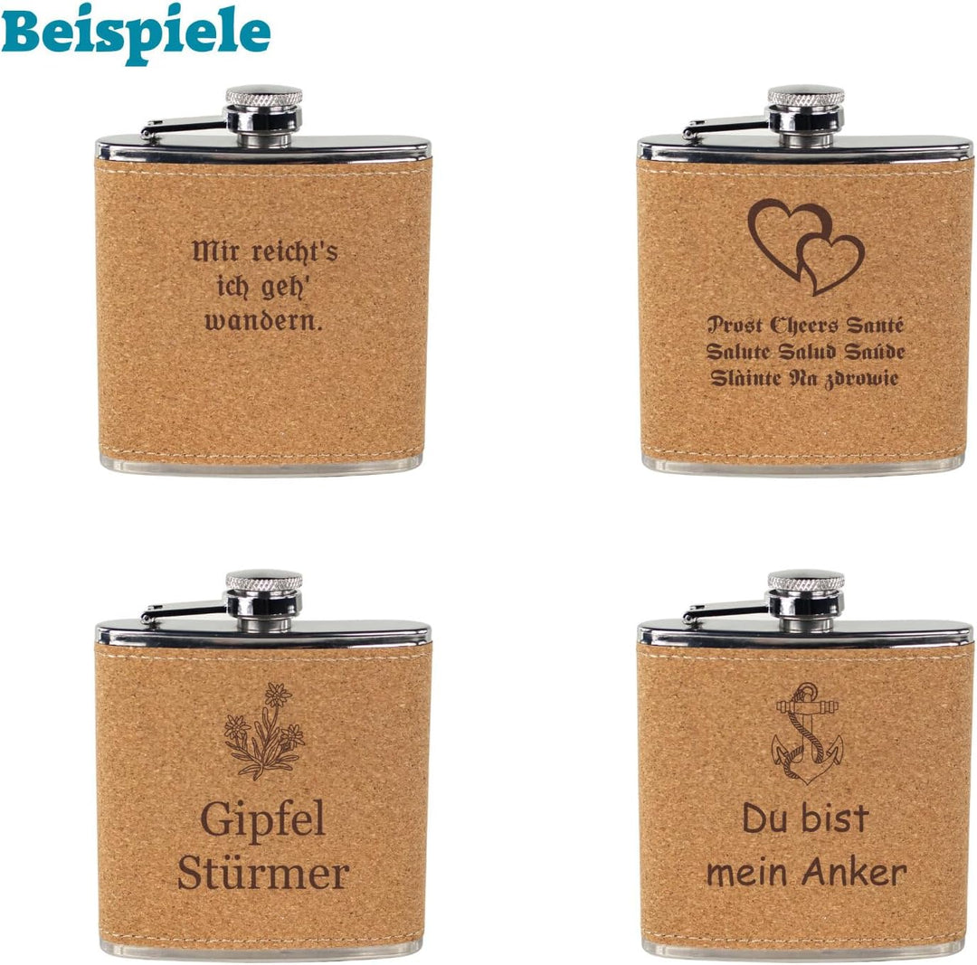 Flachmann Kork mit Gravur, Name + Motiv, Edelstahl mit Korkmantel, Schnapsgeschenk für Männer und Fr