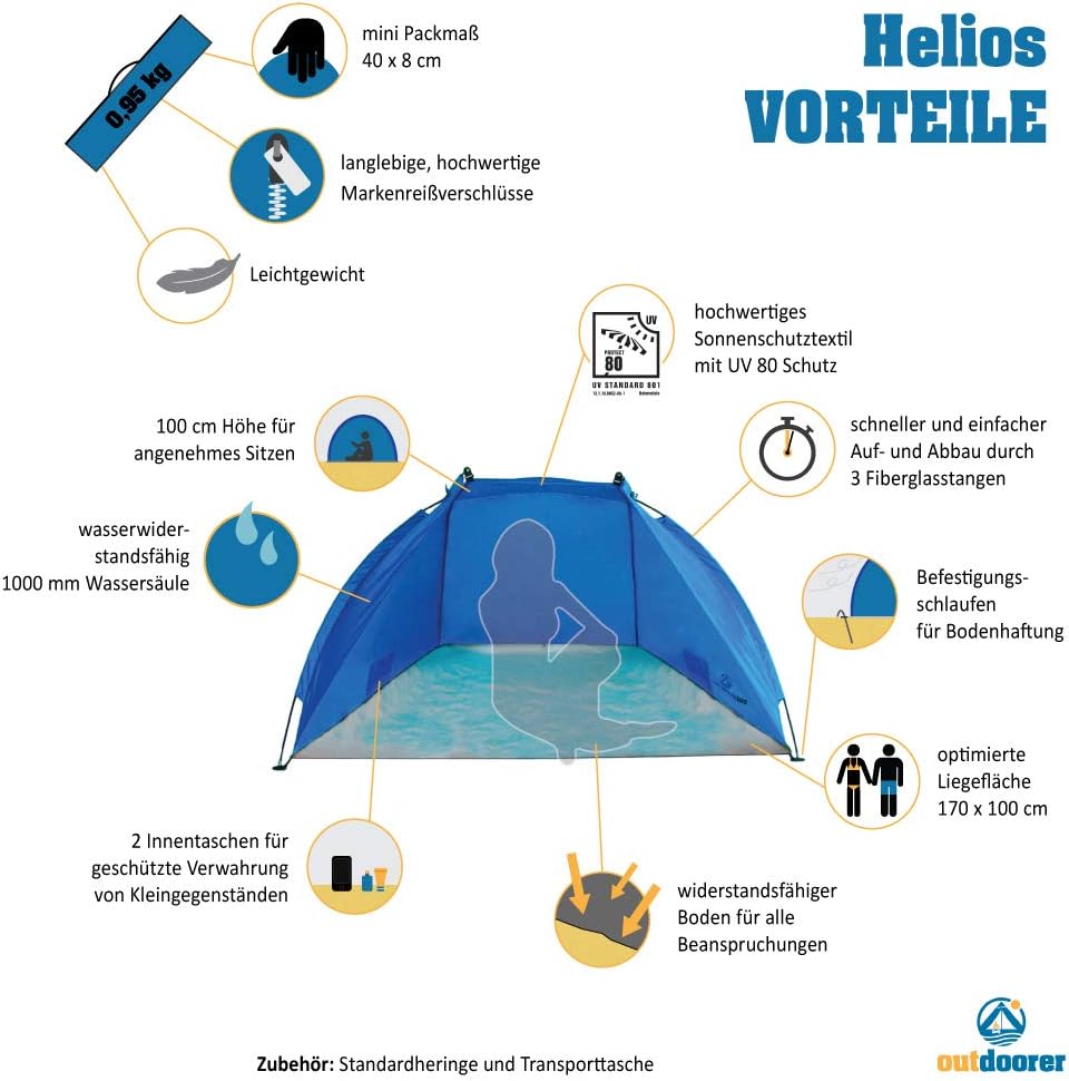 outdoorer Strandmuschel Helios - ideale Reise-Strandmuschel, UV Schutz 80, Mini-Packmass, Strandzelt