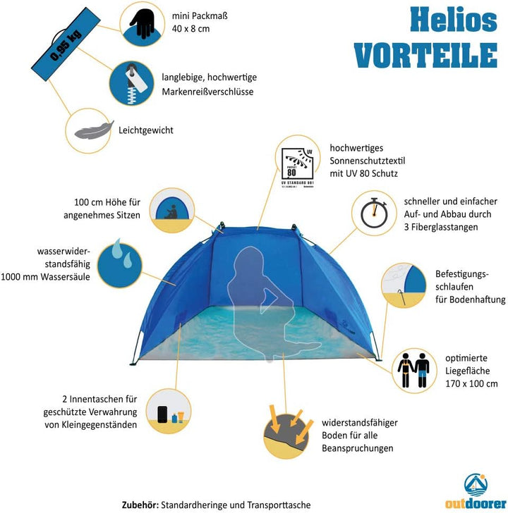 outdoorer Strandmuschel Helios - ideale Reise-Strandmuschel, UV Schutz 80, Mini-Packmass, Strandzelt