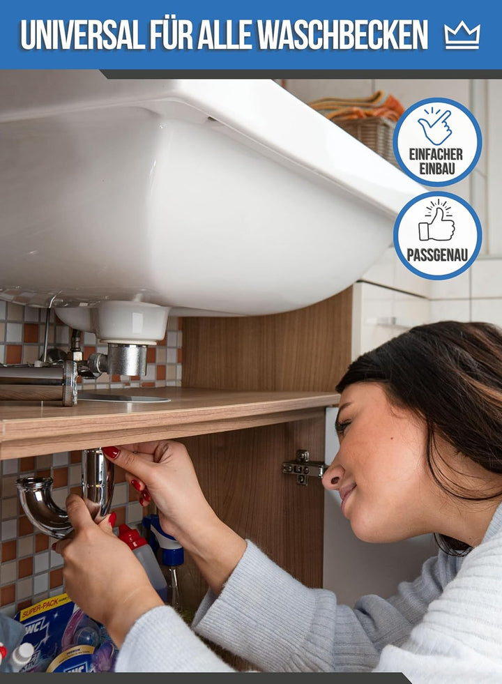 FEINER® - Premium Universal Siphon für Waschbecken Edelstahl, Abflussrohr Tauchrohr 2-12cm höhenvers