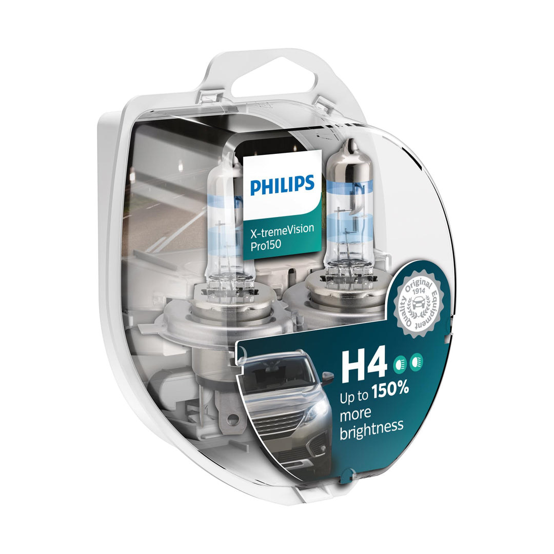 Philips Halogen, X-tremeVision Pro150 H4 Scheinwerferlampe +150%, Doppelset, 567028, Twin box, Weiss
