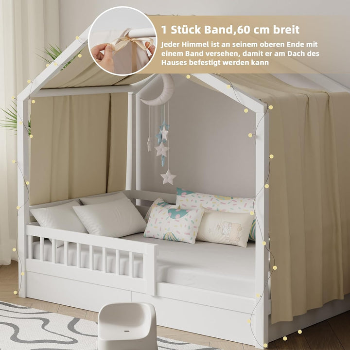 Hausbett Himmel mit Lichterkette 1 Stück Deko Baldachin Hausbett Vorhang,Betthimmel Musselin Stoffhi