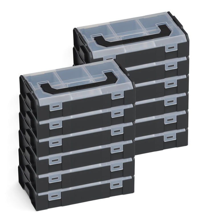Sortimo L-BOXX Mini Werkzeugkoffer 12er Set – Schwarz Deckel Transparent | Kompakte Sortierboxen für