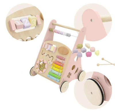 COIL Babywalker Lauflernwagen 3in1, Kinderwagen aus Holz, Lernspielzeug, ab 12 Monaten (Rosa), Rosa