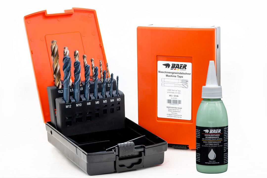 BAER Gewindeschneider Set M 3-12 HSSE EDELSTAHL Bohrer inklusive Bohrpaste: Maschinengewindebohrer S