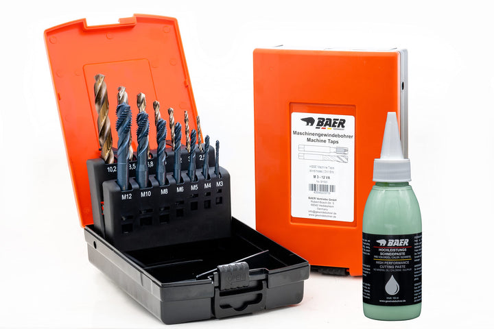 BAER Gewindeschneider Set M 3-12 HSSE EDELSTAHL Bohrer inklusive Bohrpaste: Maschinengewindebohrer S