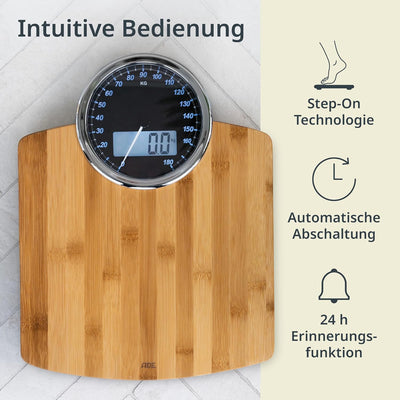 ADE Digitale Personenwaage BE 1719 Luna. Körperwaage Holz, Elektronische Waage mit Bambus, digitale