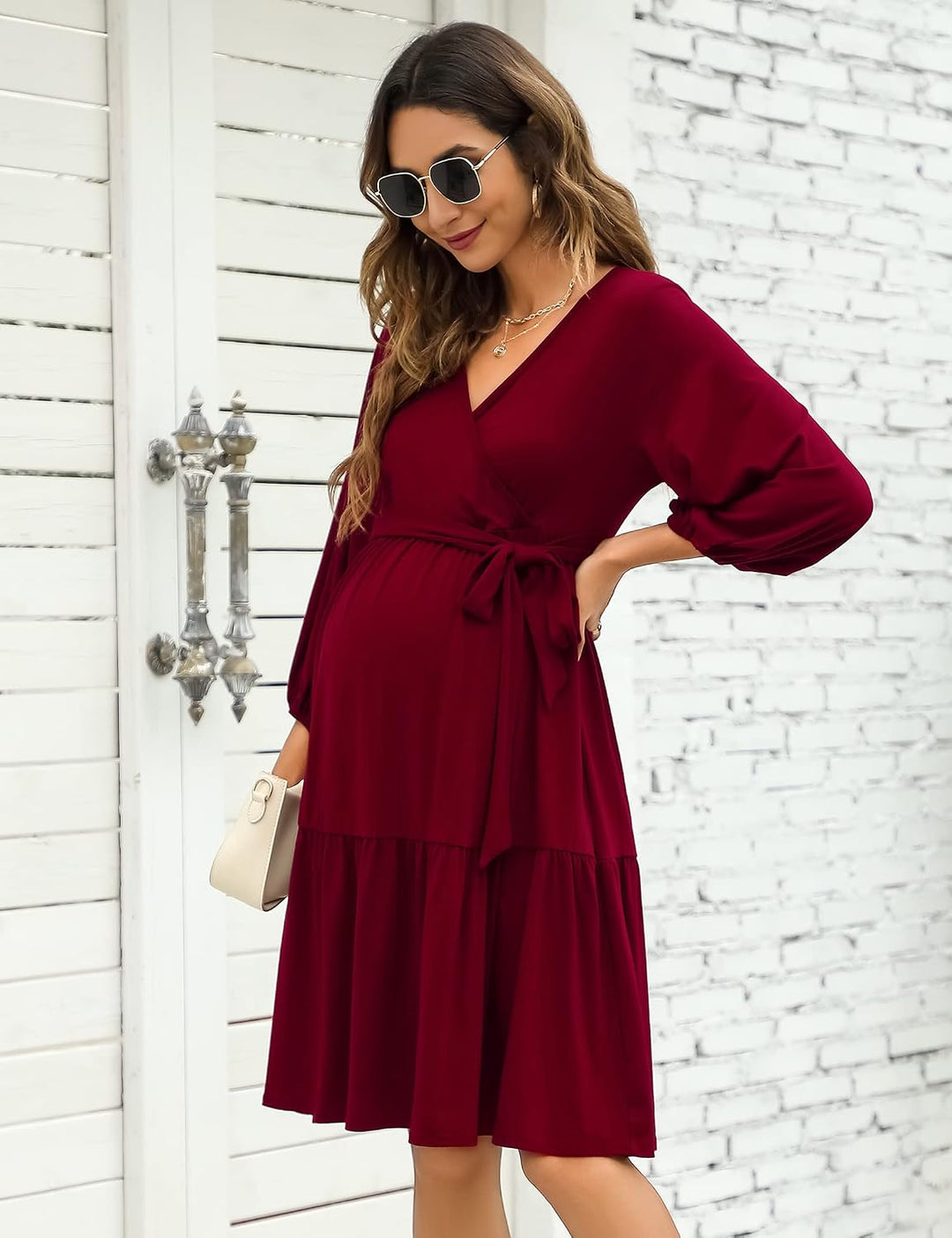 KOJOOIN Damen Umstandskleid V-Ausschnitt 3/4 Ärmel Stillkleid Rüschen Schwangerschafts Kleider mit G