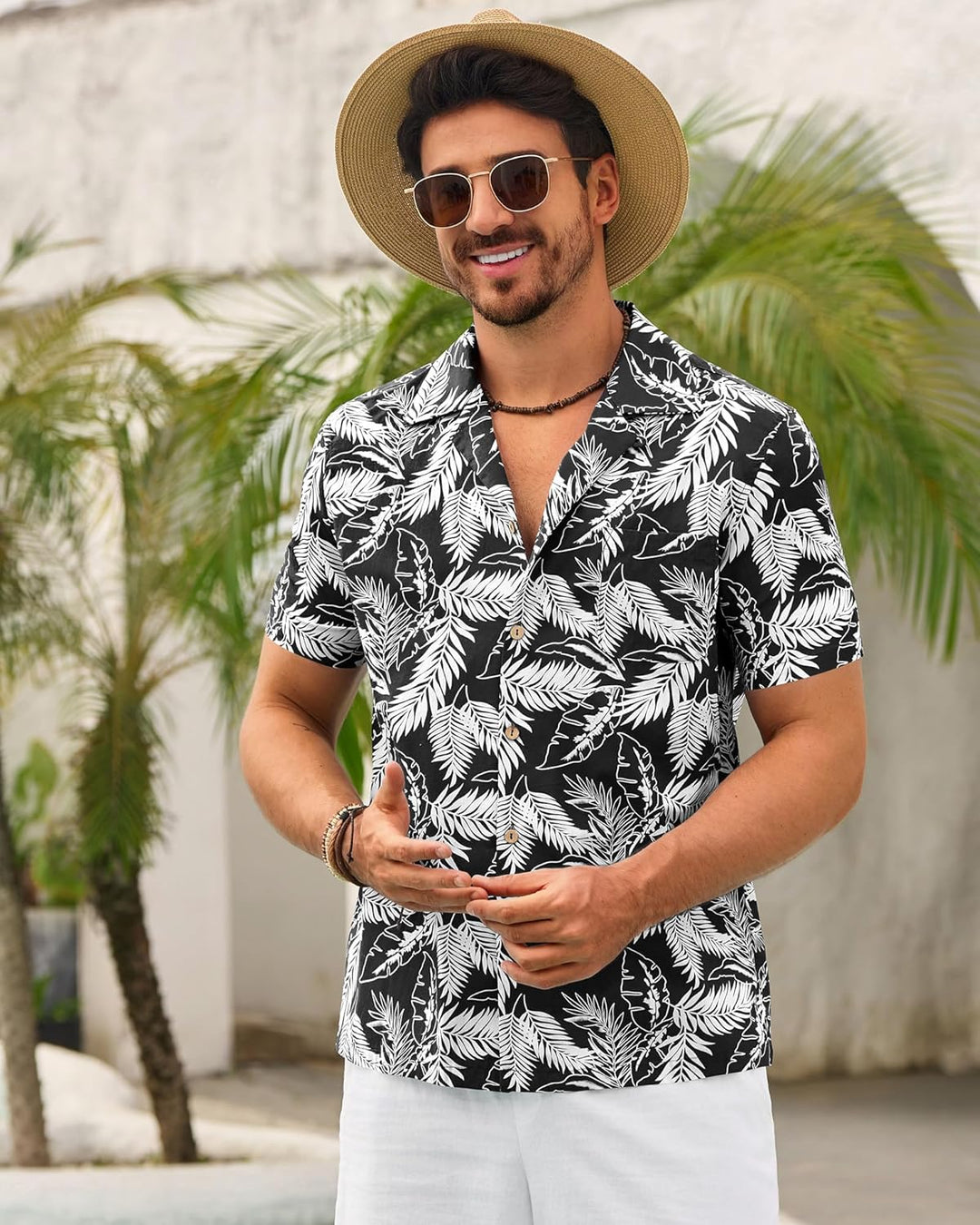 Beotyshow Herren Hawaiihemd Freizeit Hemd Kurzarm Baumwolle Blumen Shirt Urlaub Sommer Strand Hemd R