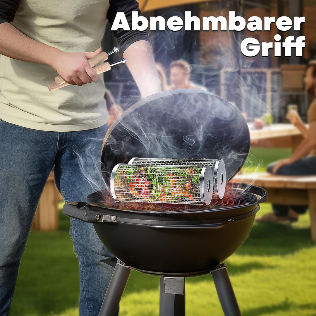 Ivtivfu Nestendes Rollendes Grillkorb Set mit Holzgriff (2 Stück, 24cm × 10cm), Rolling Grilling Bas