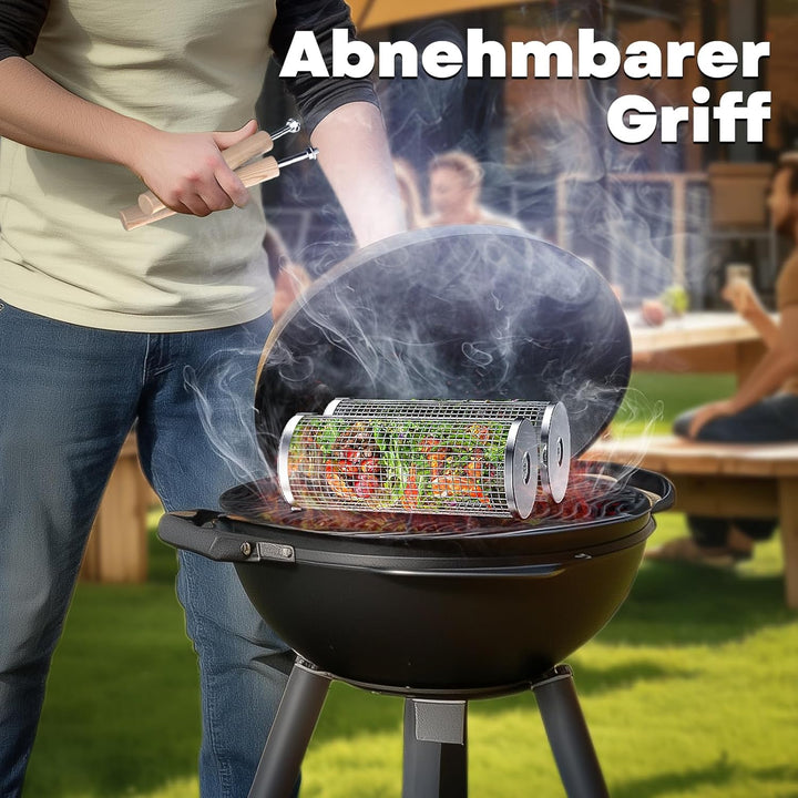 Ivtivfu Nestendes Rollendes Grillkorb Set mit Holzgriff (2 Stück, 24cm × 10cm), Rolling Grilling Bas