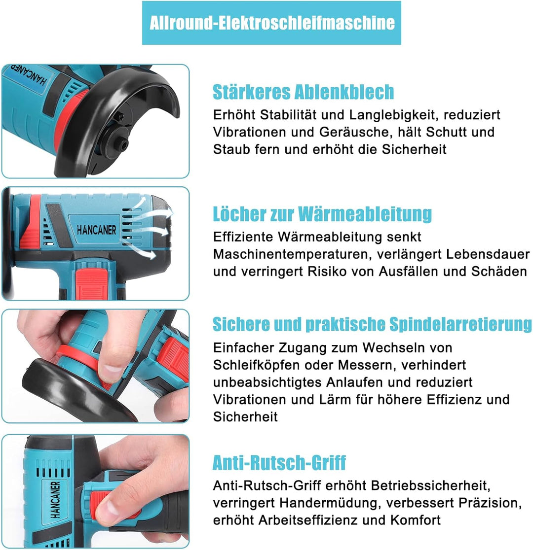 Hancaner Mini Akku Winkelschleifer mit Kunststoffbox 12 V 2×2.0Ah Akku Flex 19500rpm Winkelschleifer