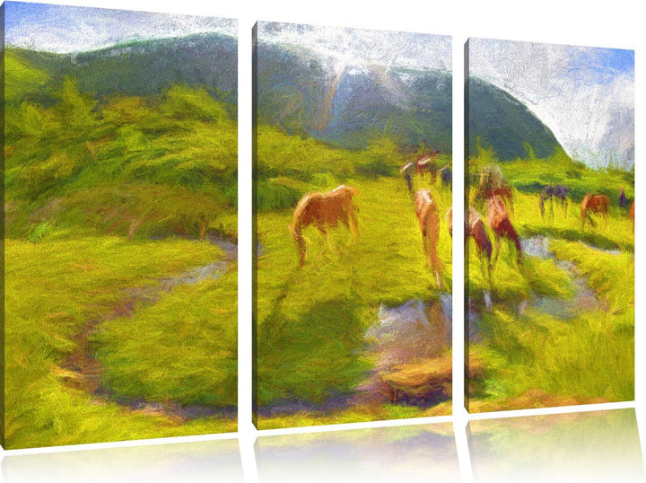 Pixxprint Wildpferde auf Wiese als Leinwandbild/Grösse: 3 Teilig (120x80) cm/Wandbild/Kunstdruck/fer
