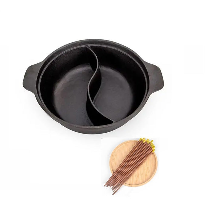 Cast iron hot pot with Divider,Dual-Sided 12.5 Inch Shabu Shabu Pot, Gas Stove, Black