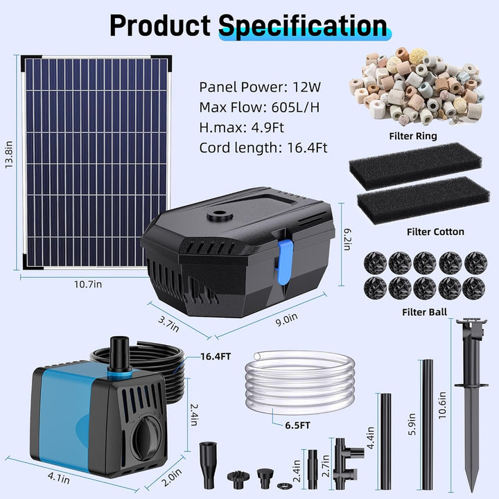 Biling 12W Solar Teichfilter mit 4 Düsen - Solarteichpumpe mit Bio-Filter für Teiche bis 800L - Kabe