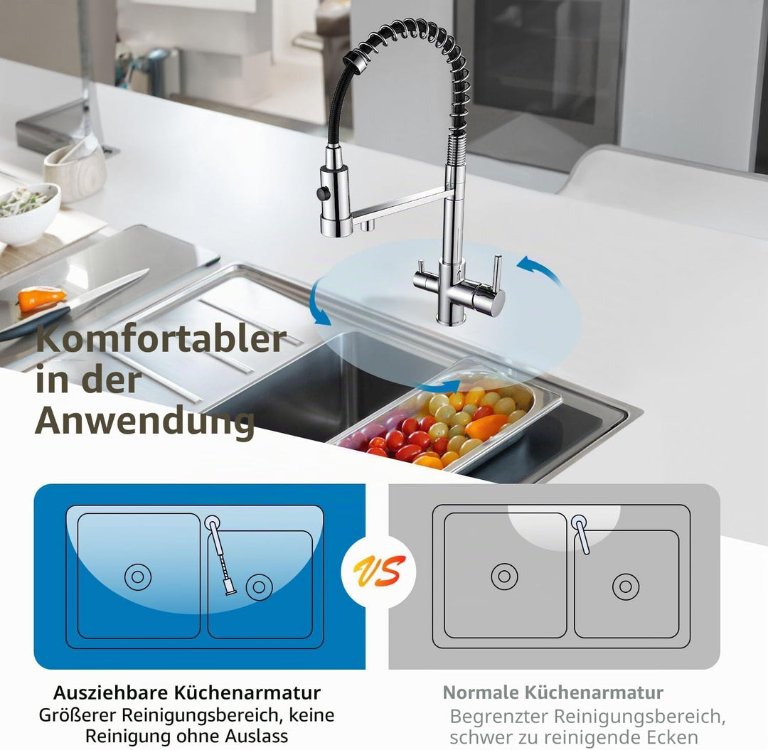3-Wege-Küchenarmatur, 360° drehbarer Mischbatterie, Spültischmischer mit flexiblem Auslauf, Küchensp