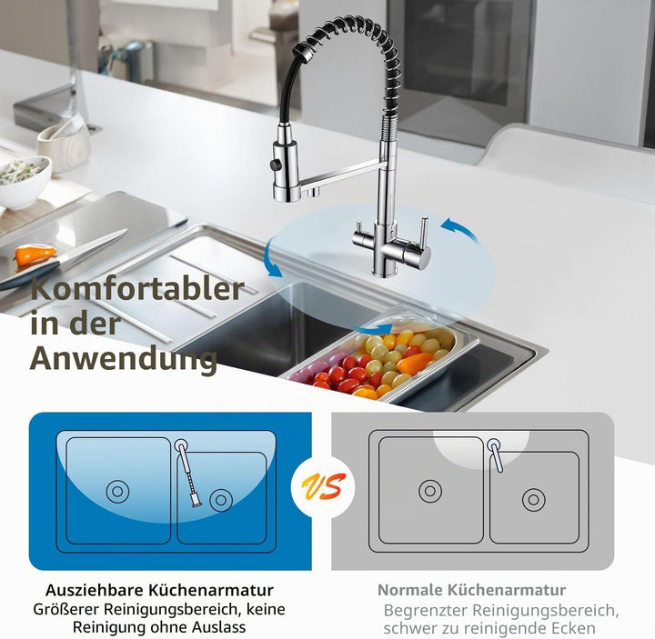 3-Wege-Küchenarmatur, 360° drehbarer Mischbatterie, Spültischmischer mit flexiblem Auslauf, Küchensp