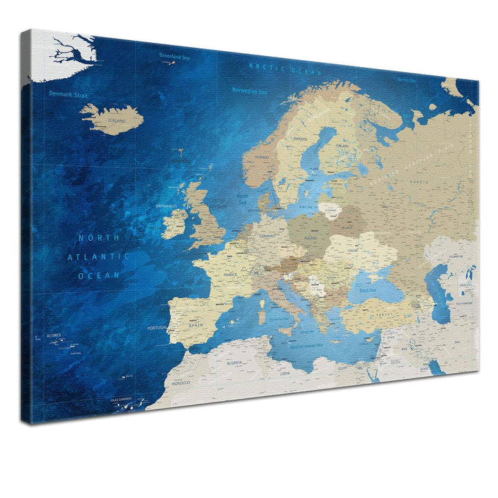 LANA KK - Europakarte Leinwandbild mit Korkrückwand zum pinnen der Reiseziele – englisch - Europa Me