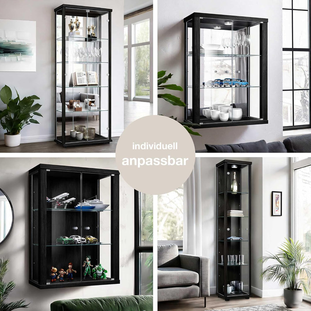 Hängevitrine in Schwarz (80x60x25 cm) mit 2 höhenverstellbaren Glasböden, Spiegel & LED - Modellauto