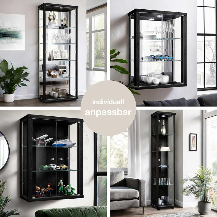 Hängevitrine in Schwarz (80x60x25 cm) mit 2 höhenverstellbaren Glasböden, Spiegel & LED - Modellauto