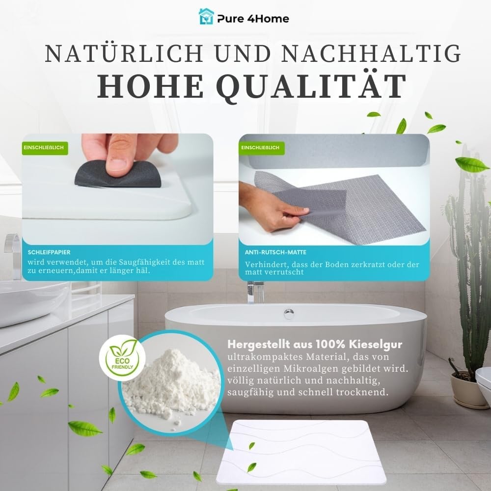 Pure 4Home Badematte Kieselgur 60 x 40 cm – Saugstark & Schnelltrocknend, rutschfest – Diatomit Stei