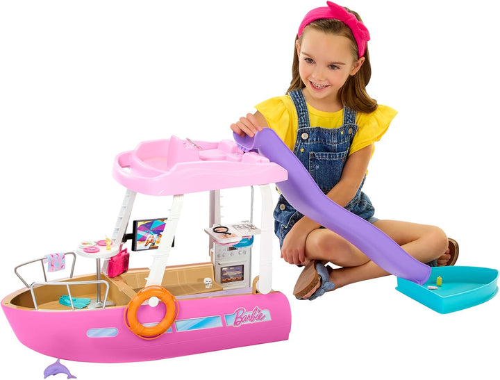 Barbie Traumboot Spielset, Rutsche und Schwimmzeug, 20+ Barbie-Zubehörteile, ohne Barbie-Puppe, als
