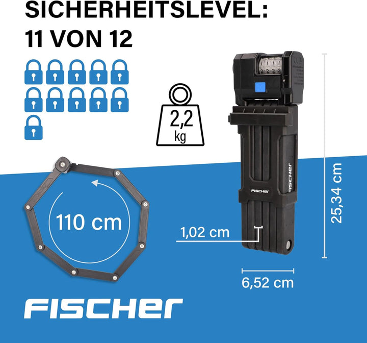 FISCHER PROTEC Plus+ FN110 Fahrrad Faltschloss mit Zahlenschloss, mit praktischer Handhabung, überzo