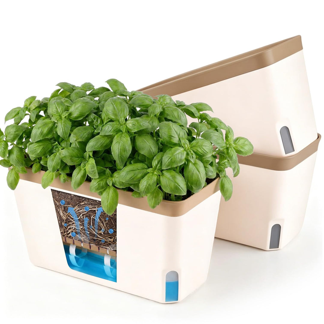 T4U 27cm Selbstwässernder Blumenkasten Kräutertopf mit ERD-Bewässerungs-System Braun 3er-Set Kunstst