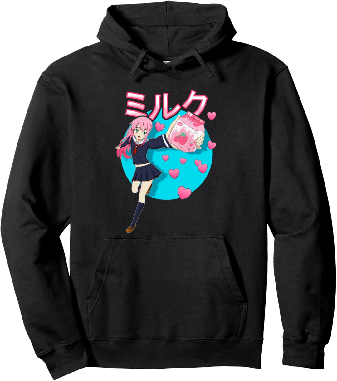 Kawaii Girl 90s Japanese Kawaii Strawberry Milk Shake Carton Pullover Hoodie