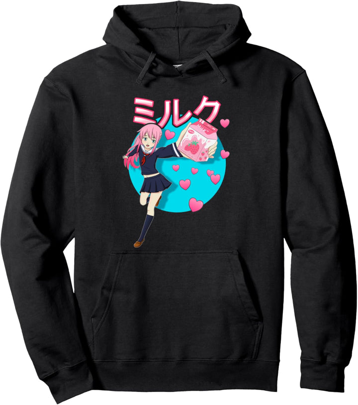 Kawaii Girl 90s Japanese Kawaii Strawberry Milk Shake Carton Pullover Hoodie