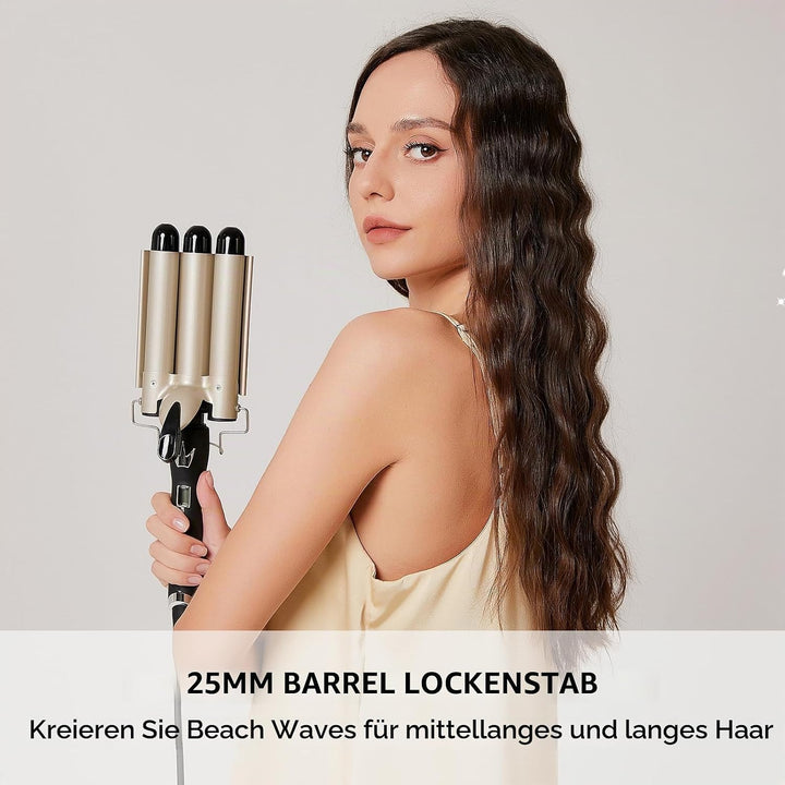Welleneisen 3 Fässer Lockenstab BEACHWAVES Φ25mm, AIMERVO Curler LCD 14 Temperaturstufen 80-210℃, fü