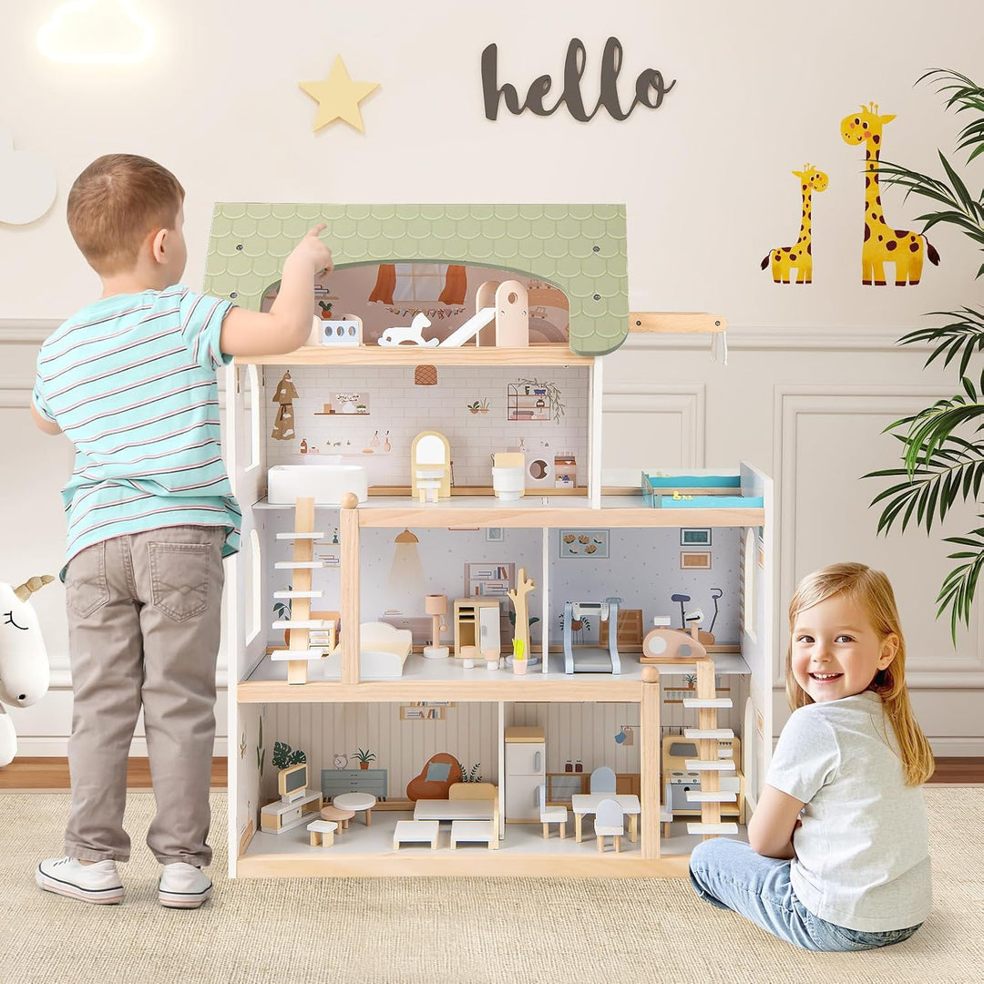 COSTWAY Puppenhaus Holz, Kinder Dollhouse mit 33 Möbelstücken, Puppenstube mit Balkon & Pool, Puppen