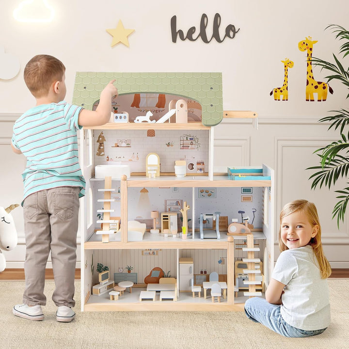 COSTWAY Puppenhaus Holz, Kinder Dollhouse mit 33 Möbelstücken, Puppenstube mit Balkon & Pool, Puppen