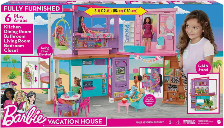 Barbie HCD50 - Malibu Ferien-Haus (klappbar), Puppenhaus mit Möbeln und diversen Zubehör-Teilen, Spi
