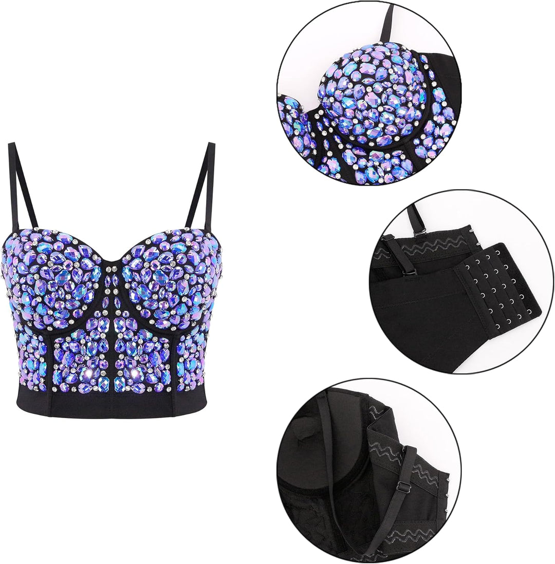 Naimo Damen Sexy Strass Bustier Push Up Crop Top Korsett BH Glitzer Kristall Tank Top Cami Weste Par