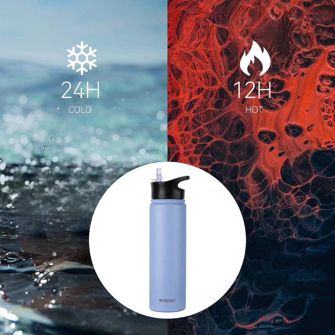 Edelstahl Trinkflasche 750ml (+2 Deckel)-mit Strohhalm,BPA frei,Thermosflasche Auslaufsicher,Kohlens