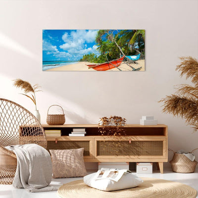 Wandbilder Dekoration Wohnzimmer Golf Ozean Palme Boot Panorama Bilder auf Leinwand 120x50cm Leinwan