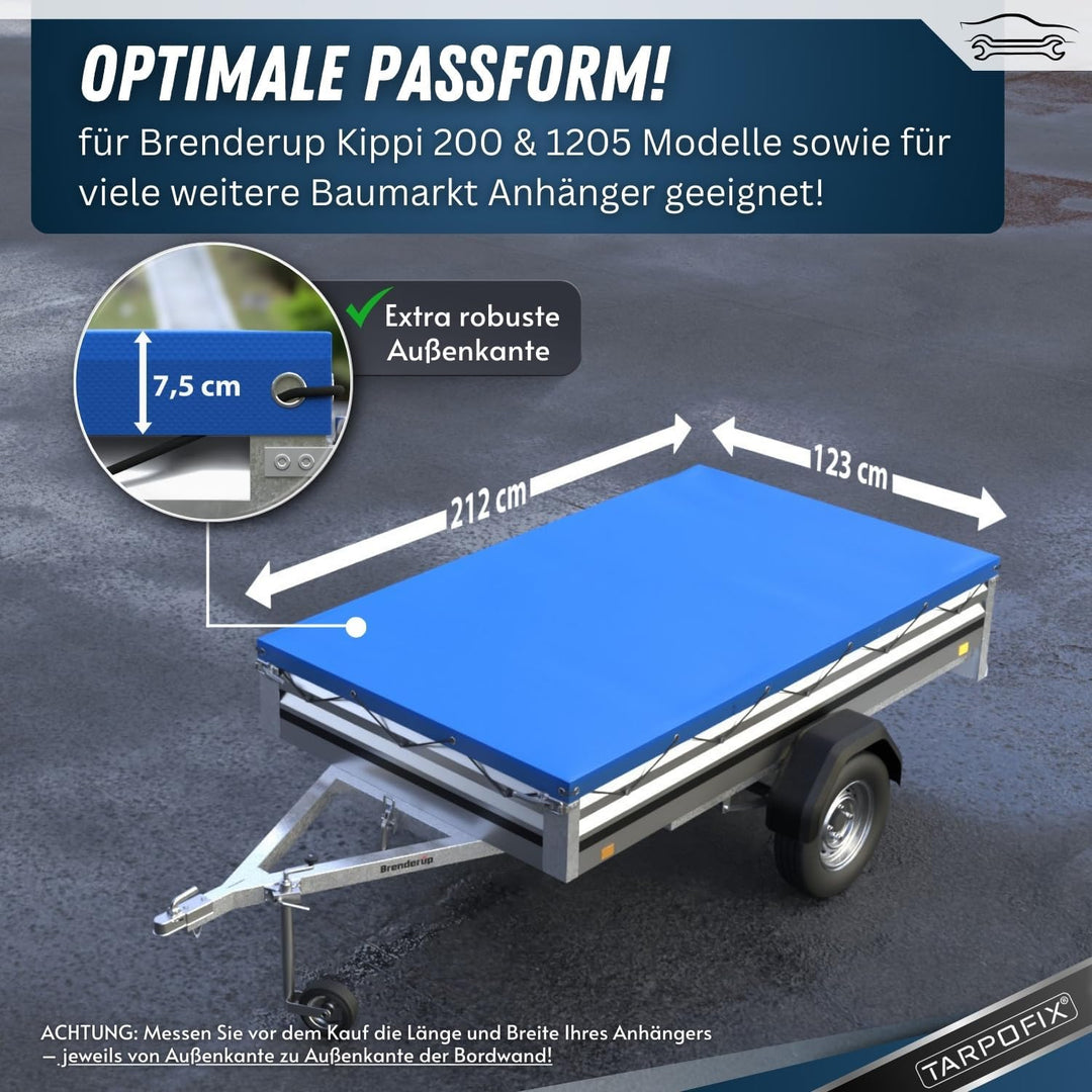 Tarpofix® Anhängerplane Flachplane 212x123x7,5 cm + 2X Planenbügel (verstellbar 100-145 cm) - randve